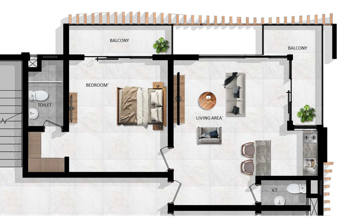 Floor plan layout for One Bedroom Type B apartment at The Fairway, 57sqm