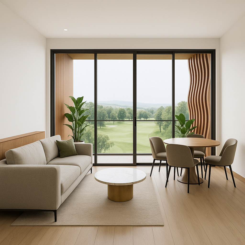 Modern 1-bedroom apartment living area at The Fairway with natural light