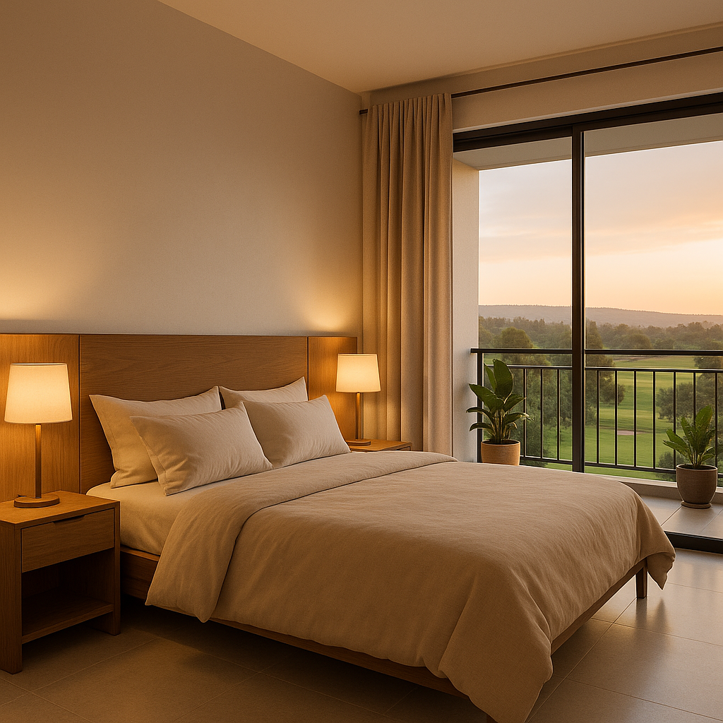 Cozy 1-bedroom apartment bedroom at The Fairway with evening lighting