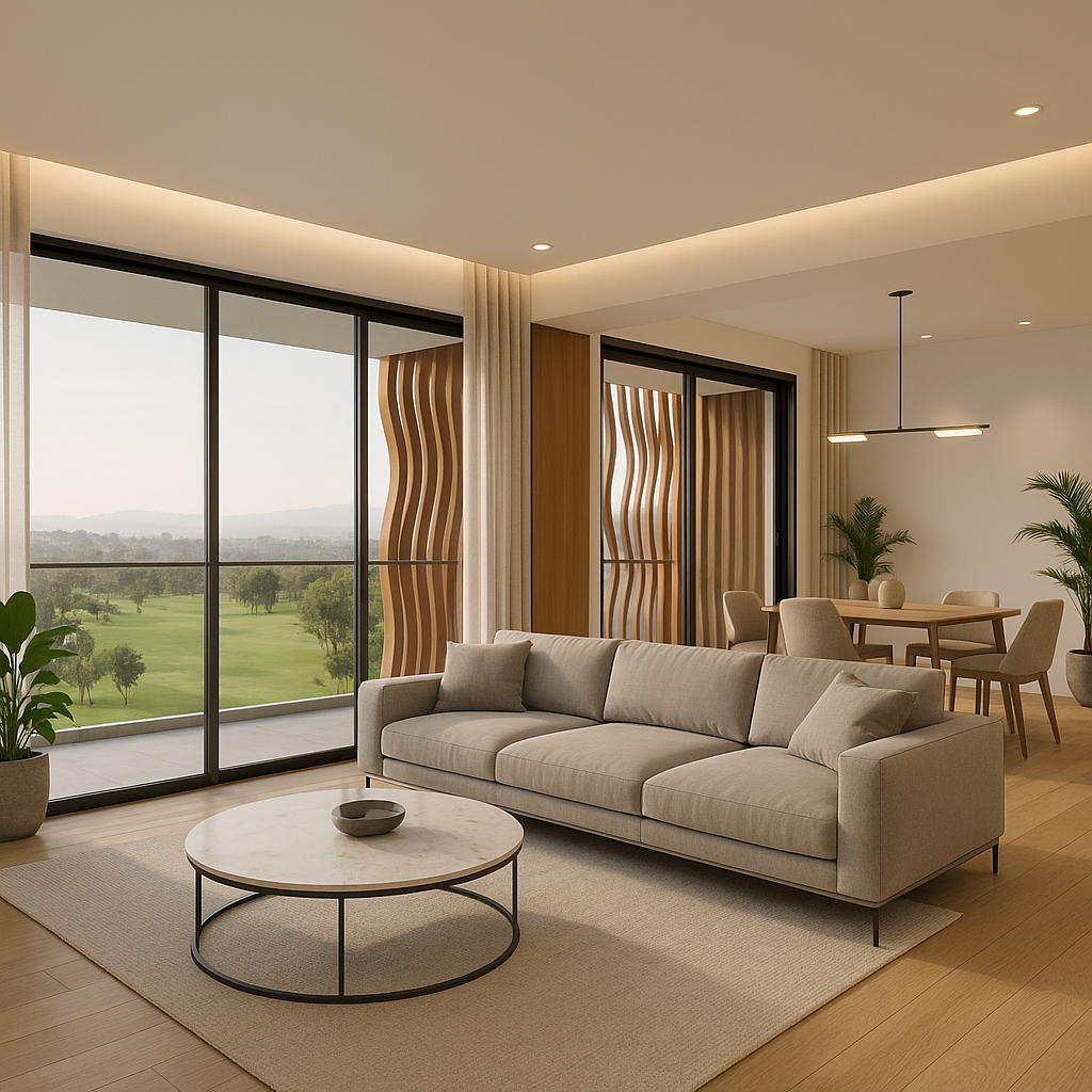 Luxurious penthouse living area at The Fairway with panoramic views