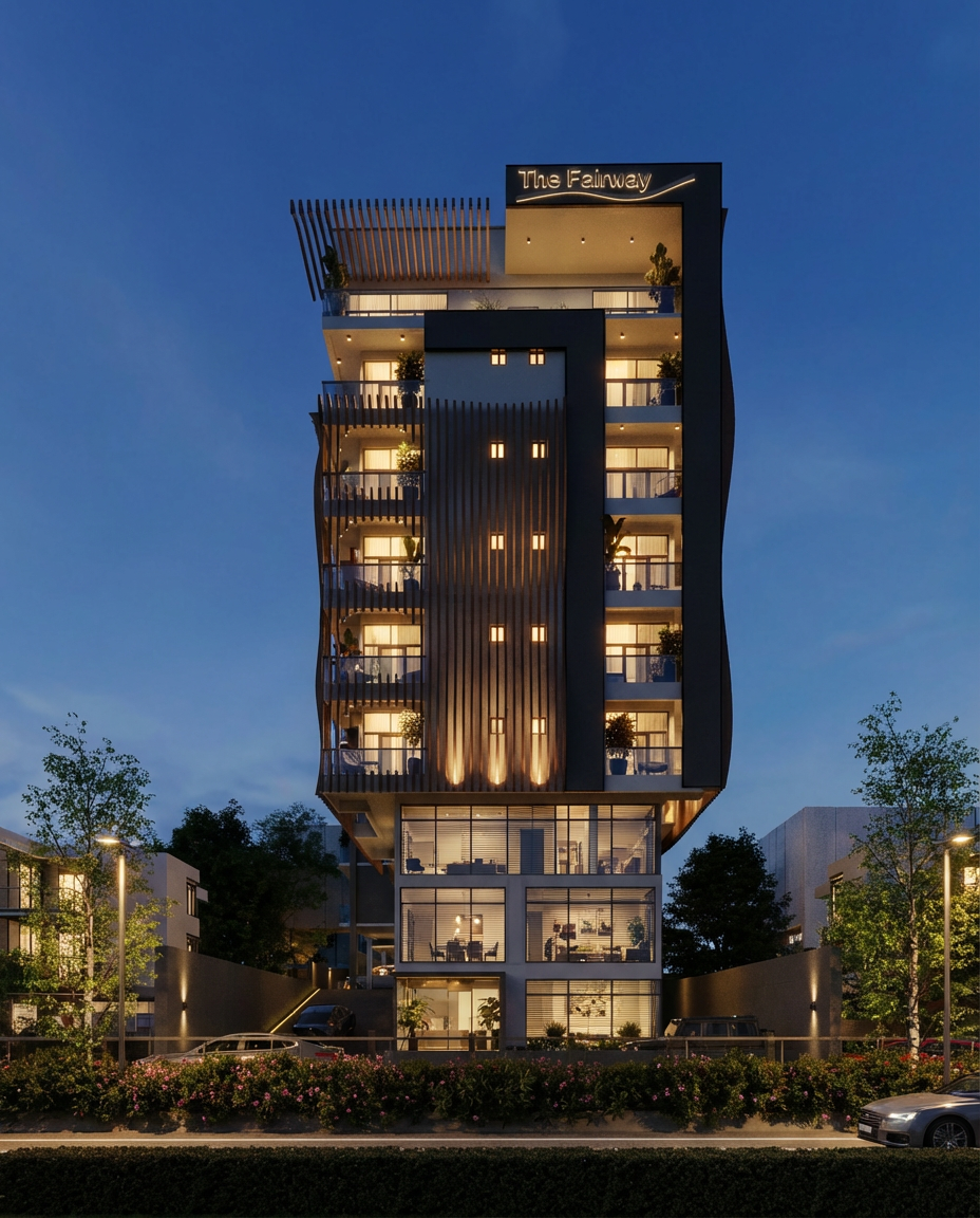 Night view of The Fairway luxury apartments building in Kacyiru, Kigali