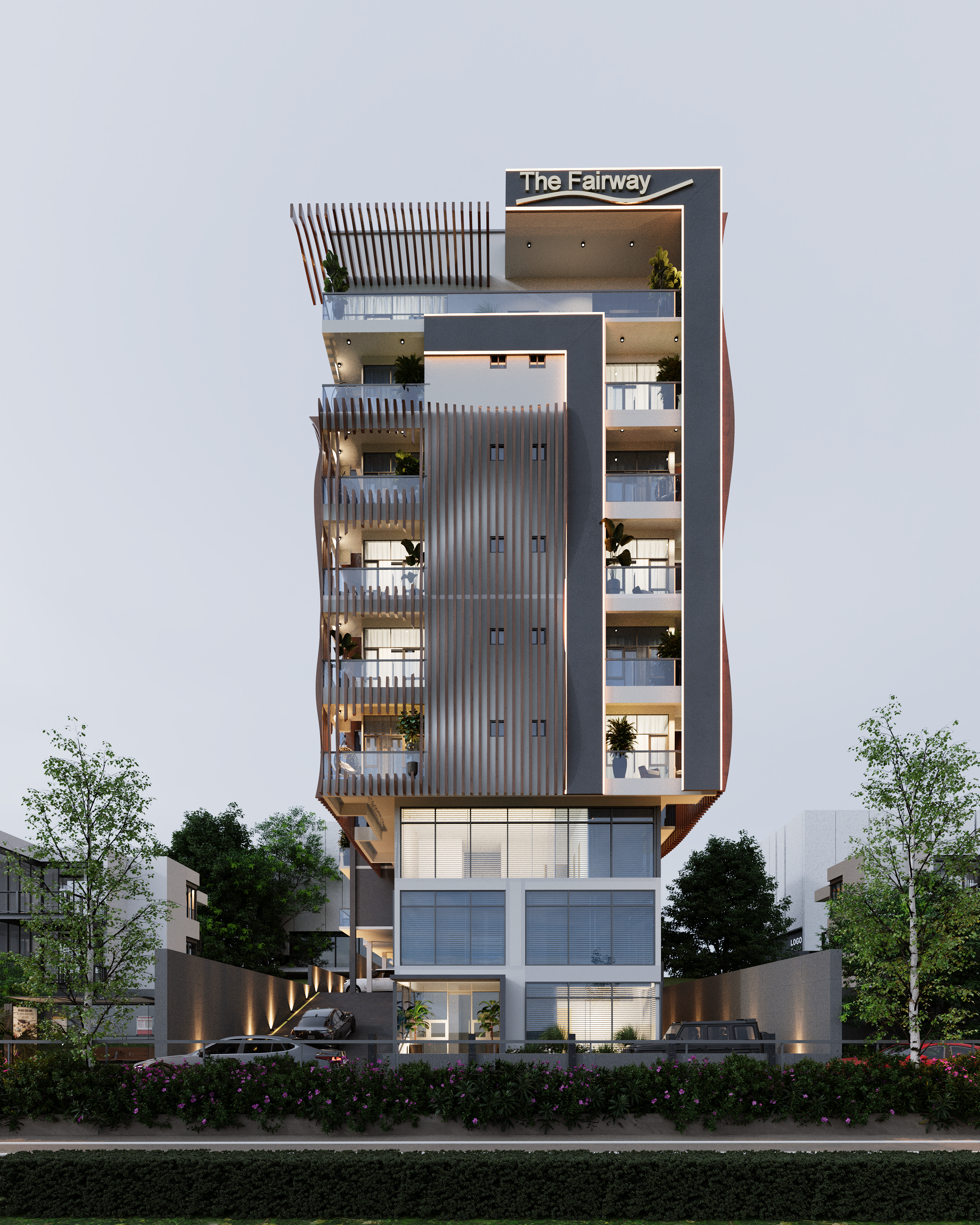 Street view rendering of The Fairway luxury apartments in Kigali
